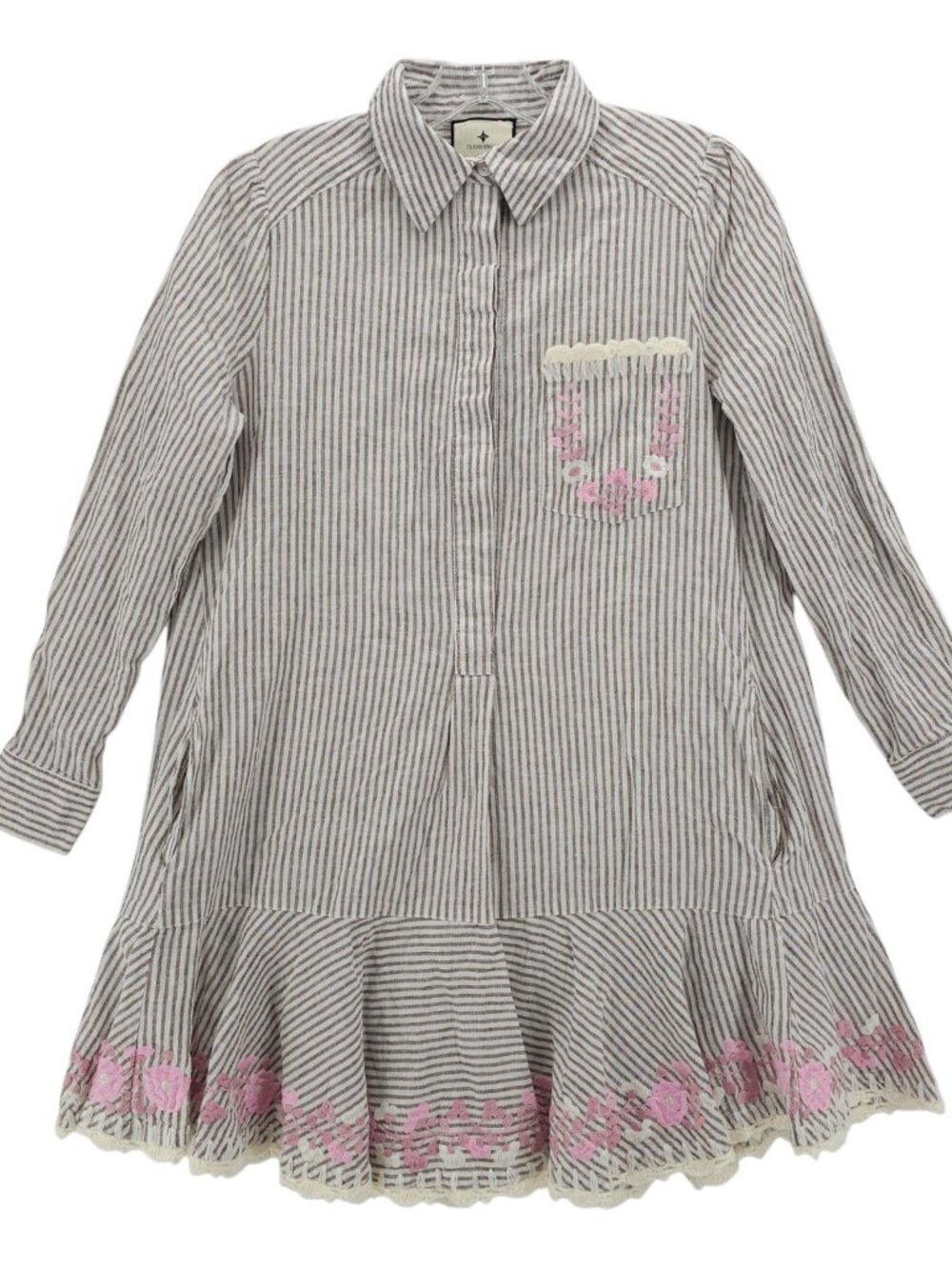 TUCKERNUCK Callahan Mini Shirt Dress Flounce Linen Cotton Striped Embroidered XS